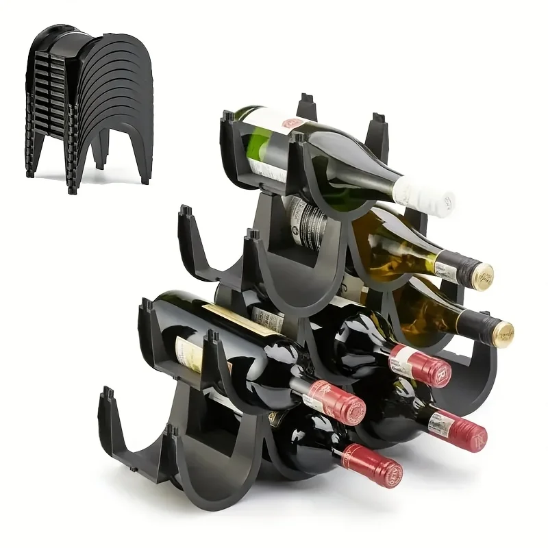 

10-Bottle Black Plastic Countertop Wine Rack, Modern Holder for Kitchen, Bar, Cabinet & Pantry Storage
