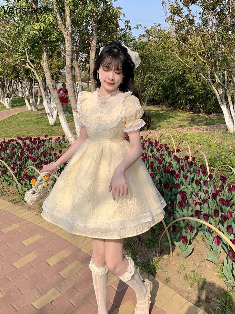 Summer Sweet Lolita Style Princess Dress Women Elegant Chic Puff Sleeve Lace Ruffles Kawaii Mini Dresses Korean Girly Vestidos