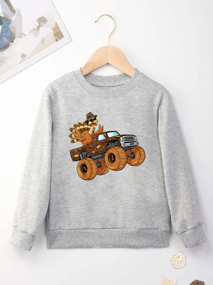 Hipster Trend Boy Hoodies Monster Truck Turkey Pattern 2 to 14 Years Children's Clothes Street Casual Spring Toddler Sweatshirt