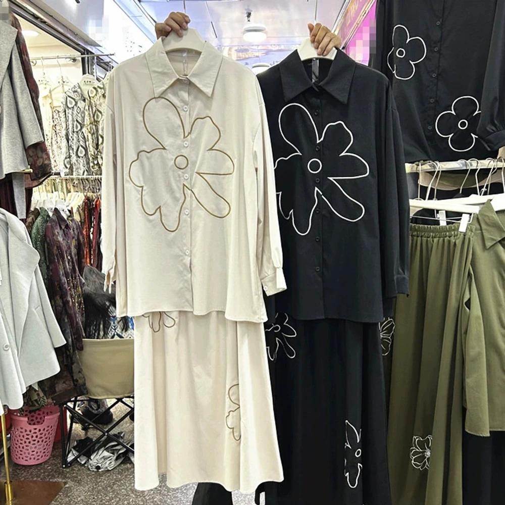 Camisa holgada de manga larga bordada de diseño europeo + falda con cintura elástica conjunto de dos piezas-GZTZ010