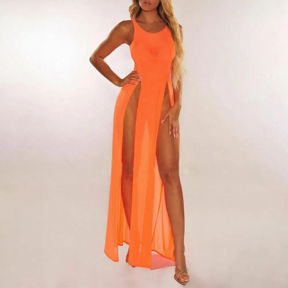 Sexy Bikini Cover Up See-through Mesh Beach Dress Hot Girls 2024 Summer Swimwear Cover-Ups High Split Bathing Suit Tunic Dress