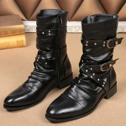 Autumn Winter Classic retro high quality black leather MEN'S starter punk rock style rivet buckle strap motorcycle boots