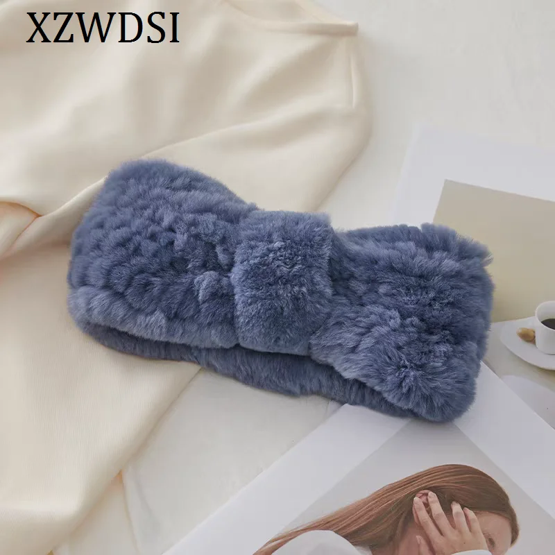 

Women's Luxury Winter 100% Rex Rabbit Fur Knitted Elastic Headband High Quality Real Fur Hair Band Fashion Hair Accessories