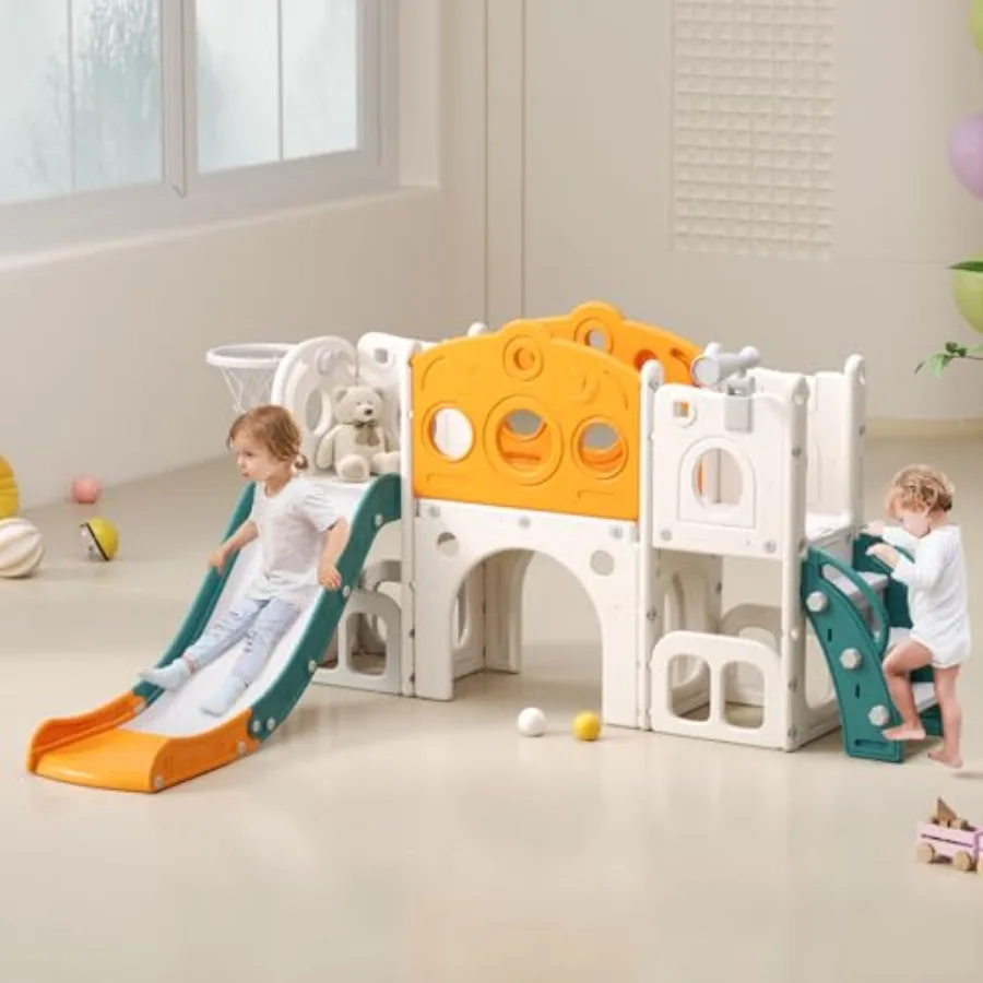 

8 in 1 Toddler Slide Outdoor Indoor Playset for Child Age 1 2 3 Climber Slide with Storage Space and Non-Slip Steps Basketball