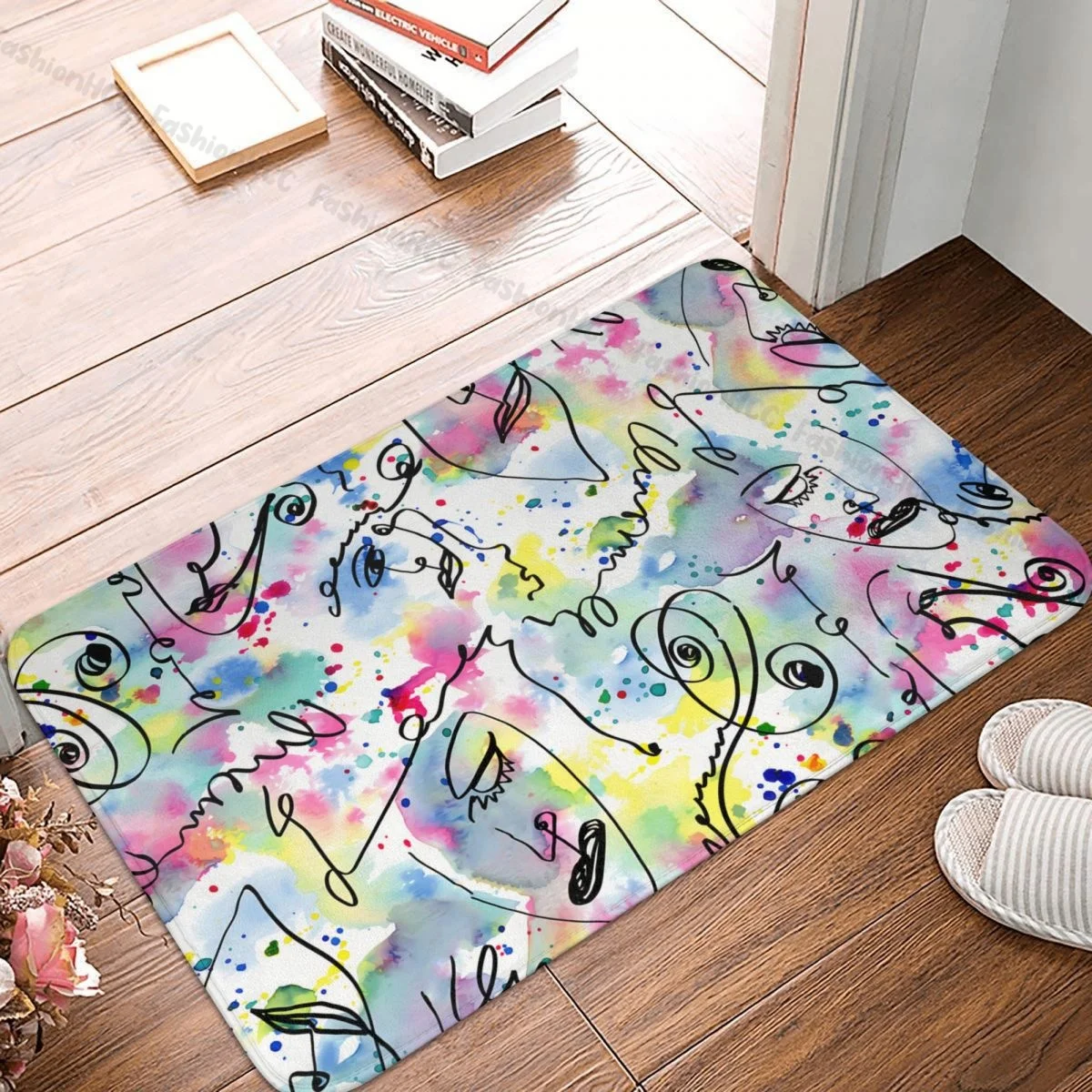 Graffiti Art Pattern Anti-Slip Doormat Bath Mat Line Faces  Watercolor Splashes Ink Floor Carpet Entrance Door Rug Indoor Decor