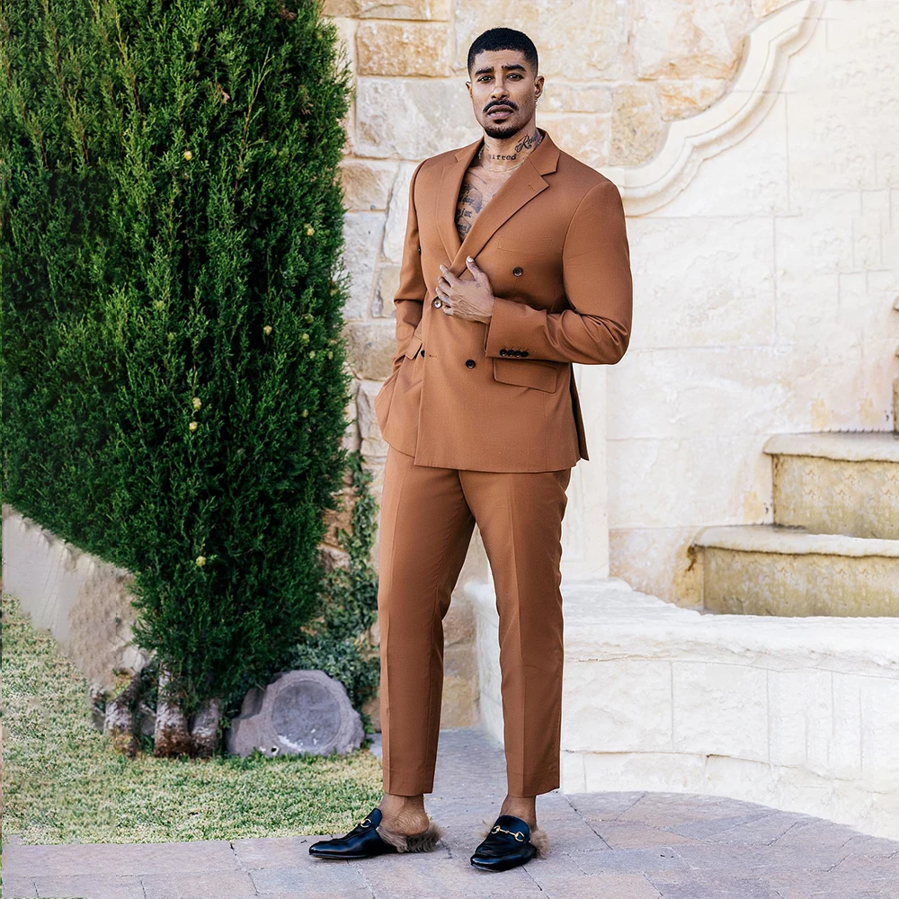 Costumes pour hommes marron 2 pièces revers cranté Double boutonnage robes de soirée costume pour hommes mariage marié bal Blazer personnalisé