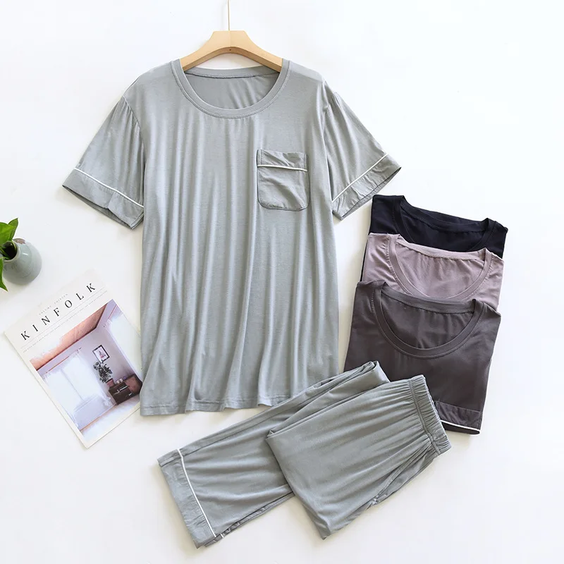 

Мужские весенне-летние новые модальные пижамы из двух частей, брюки с короткими рукавами, тонкие свободные спортивные домашние костюмы большого размера, одежда для сна