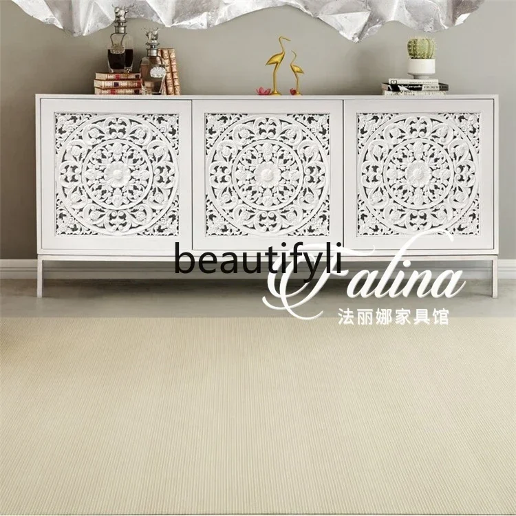 

NQ09American antique white solid wood hollow carved TV cabinet high European classical living room entrance cabinet locker