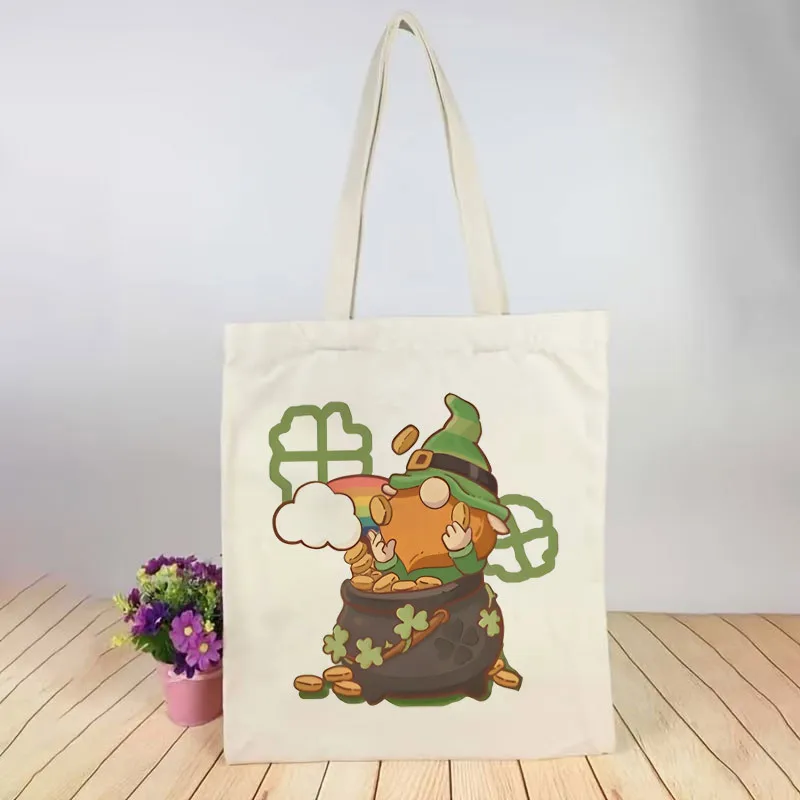 1 Printed Canvas Bag, Lucky Clover Golden Coin Goblin Unisex Breathable Trucker Driver Portable White Crossbody Bag with Closure