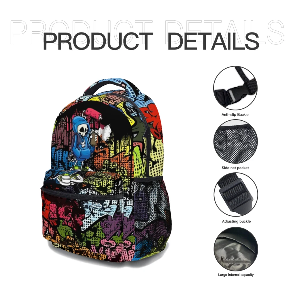 Synr 70s Retro Comic Graffiti Print Sac à dos universitaire étanche pour garçons, haute capacité, 17 ", nouvelle mode ﻿ ﻿