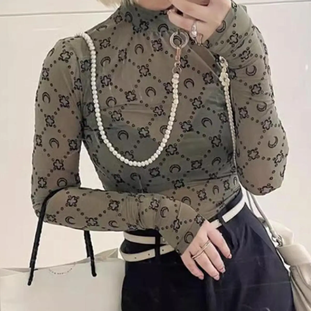 Velvet Semi High Neck See Through Long Sleeve T Shirt Women Summer High Street Sweet Fashion Casual Versatile Top