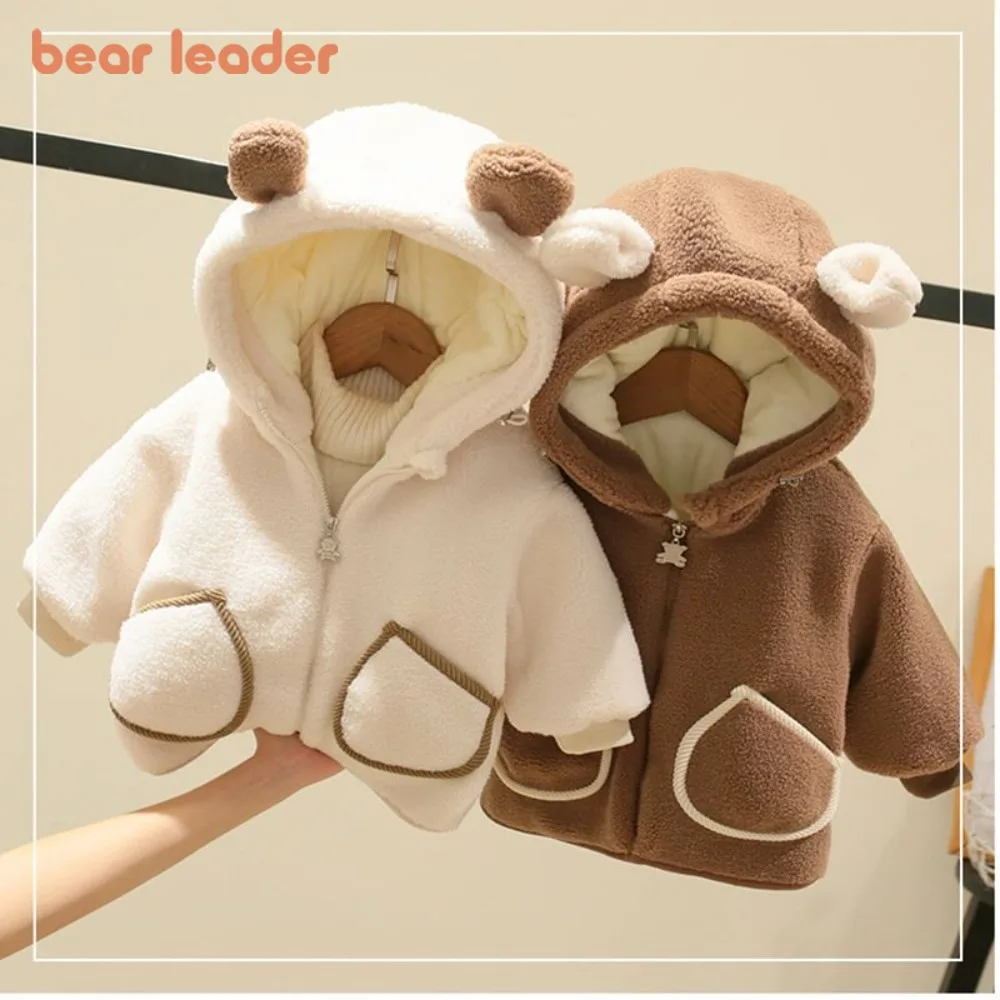 

Bear Leader Solid Color Baby Winter Coat Cartoon Long Sleeved Pocket Decoration Boys and Girls Plush Thick Hooded Outerwear