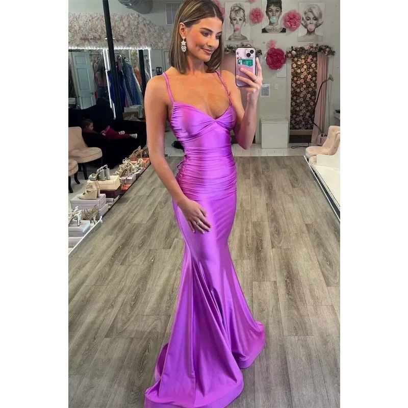 Wakuta-Vestido largo de satén para dama de honor, traje de sirena con tirantes finos, Espalda descubierta, Formal, para fiesta de graduación