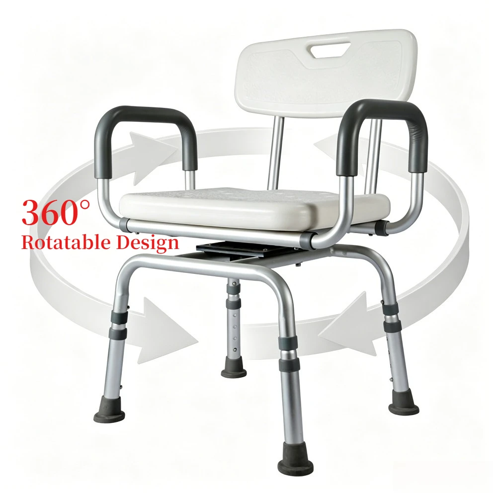 Rotatable Shower Chair with Removable Armrest, Height Adjustable Aluminum Bath Stool for Elderly & Handicap