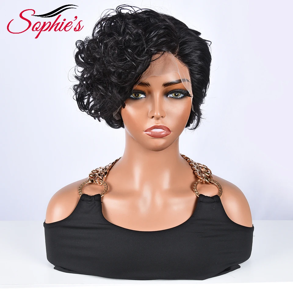 

Sophies T Part Lace Front Human Hair Wigs Natural Color Curly Short Wigs 180% Density Brazilian Hair Remy Hair 8 Inches Wig