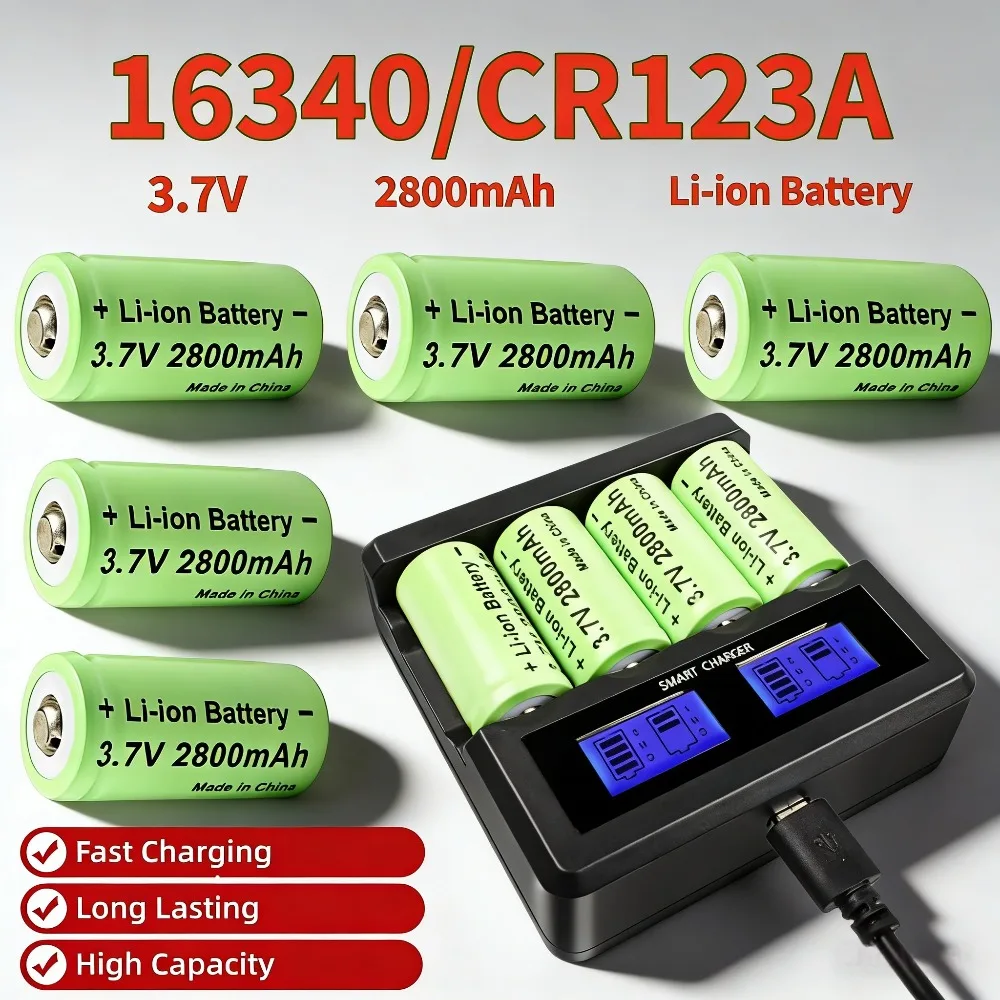 

3.7V 2800mAh CR123A 16340 Li-ion Rechargeable Batteries USB Travel Charger Long Lasting for High Power Flashlight