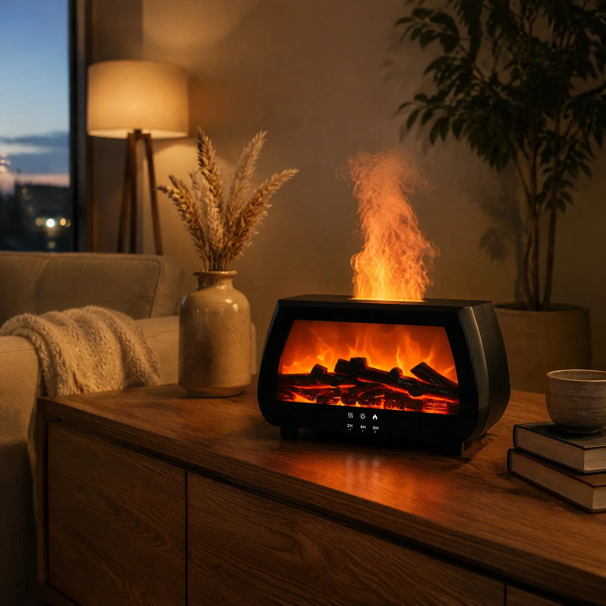 Simulated Fireplace Aroma Diffuser Ultrasonic 200ml Flame Light Air Humidifier Remote Control Type-C Tabletop Household Bedroom