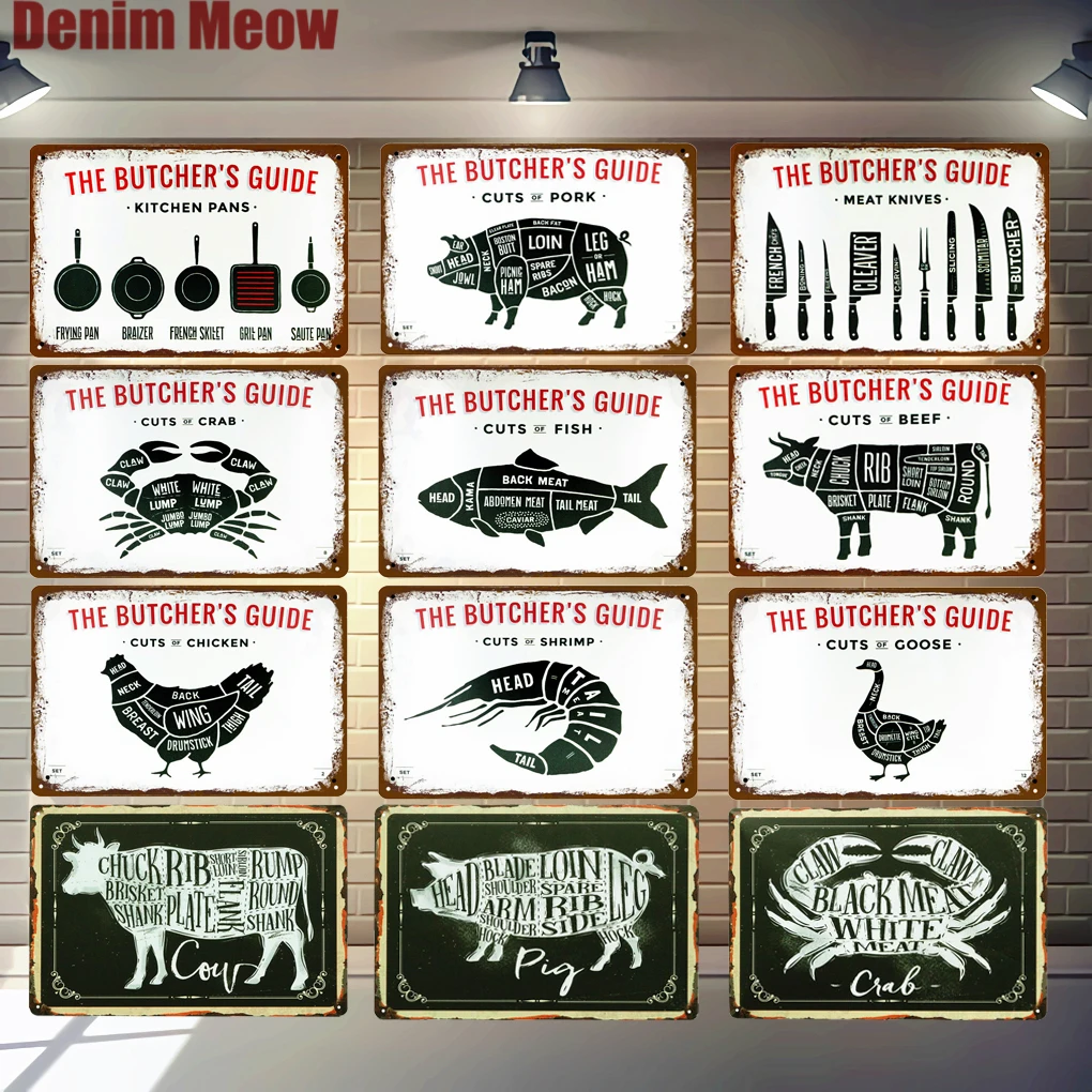 Przewodnik BUTCHER'S Vintage metalowe tabliczki Cut woolchina krowa kurczak wieprzowina kaczka plakat Kuchnia plytki Dekoracyjne