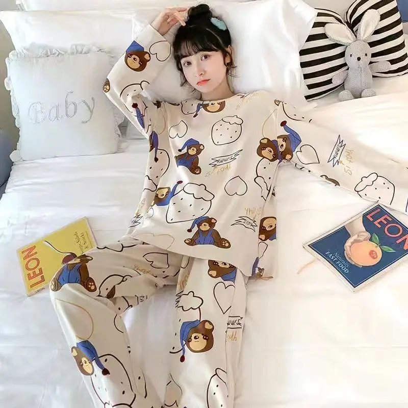 Spring Summer New Cartoon Women\'s Pajamas Set Long-sleeved Trousers Two-piece Home Clothing Girls Cute Soft Casual Loungewear