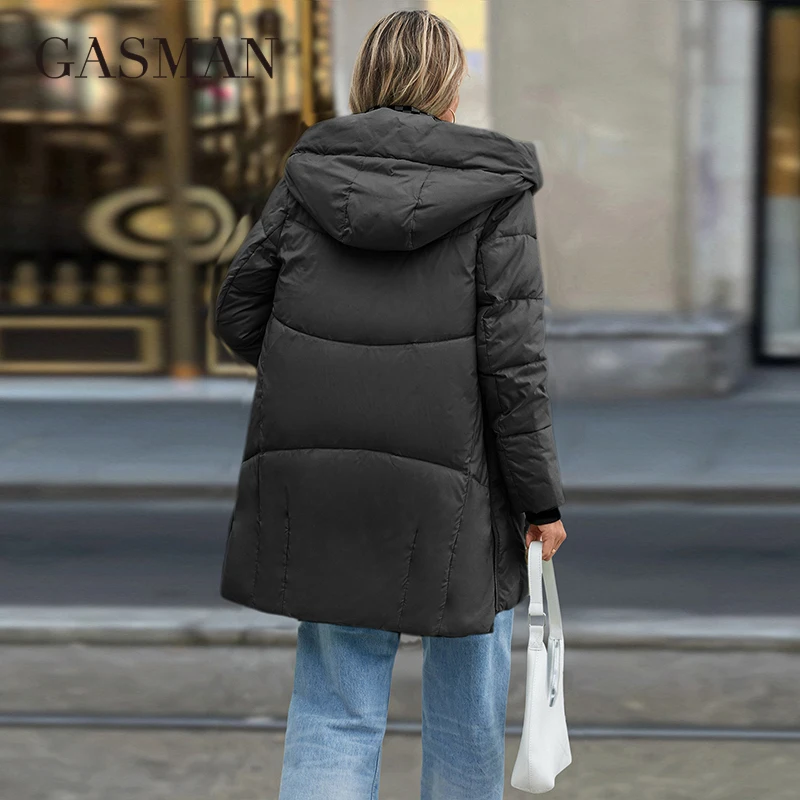 GASMAN 2024 Women Down Jacket Long Classic zipper design Big Pocket Stand Collar Hooded Slim coat Women Parkas GM-83325