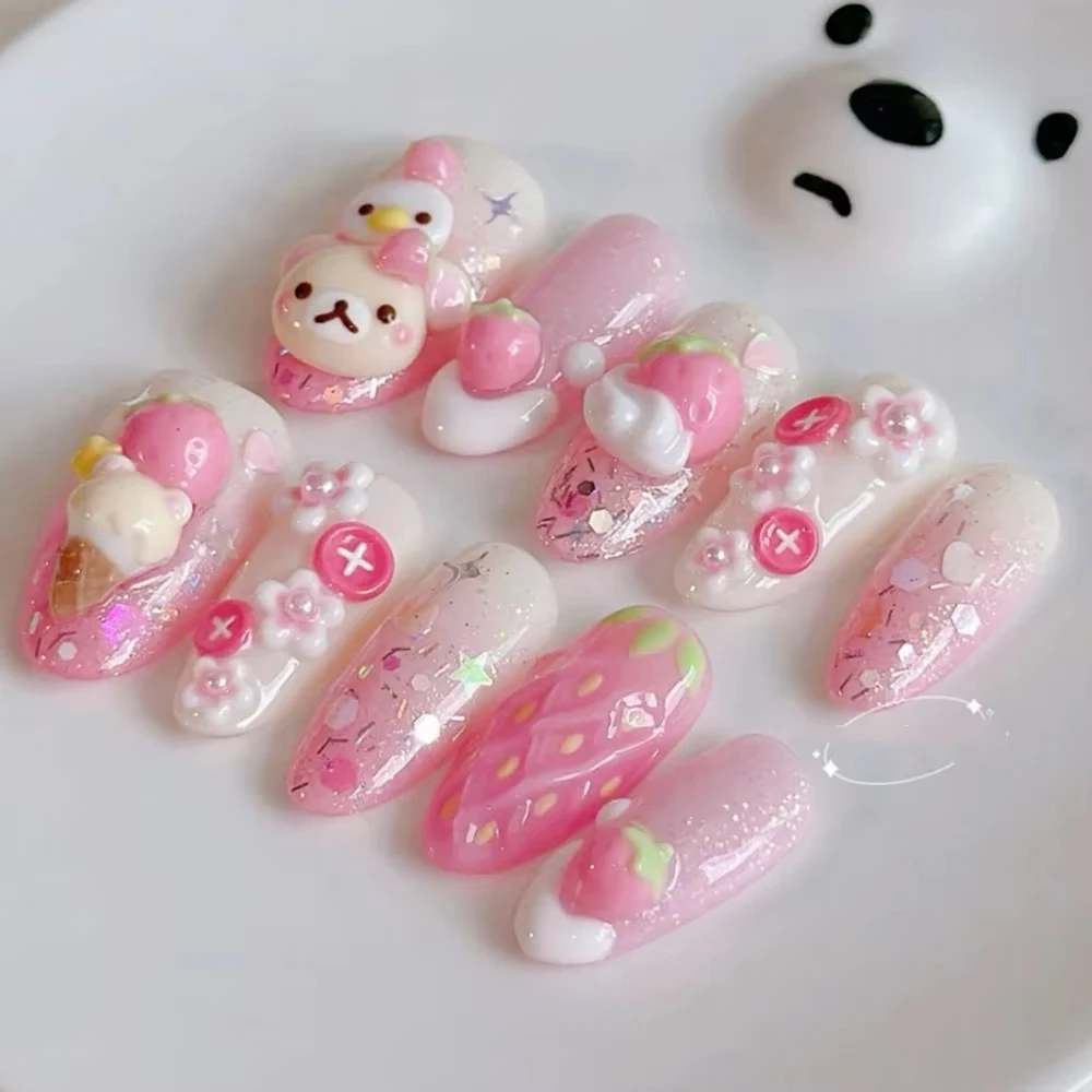 

Spice Girl Cartoon Black Skin Rilakkuma Handmade Fake Nail 3D Flowers Dolphin Starfish French Long Almond False Nail