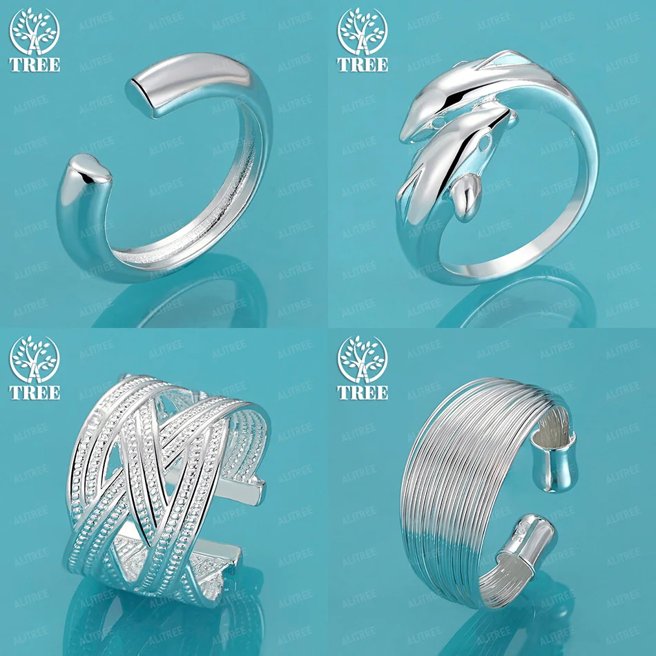 

Fine 925 Sterling Silver Dolphin Multi-Line Braided Semicircular Open Ring Lady Anniversary Party Trend Jewelry Accessories Gift