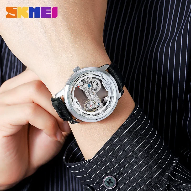 SKMEI M031 Automatic Men Watch Fashion Hollowed Out Mechanical Watches Luxury Zinc Alloy Business Man Reloj Hombre Leather Band