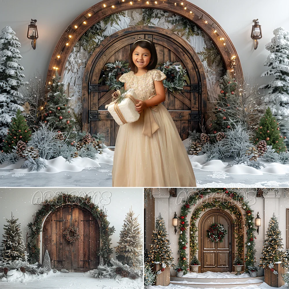 Christmas Photography Backdrop Arched Wooden Door White Wall Garlands Greenery Twinkling Light Background Photo Studio Photocall