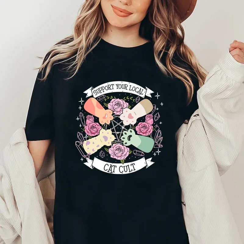 Support Your Local Cat Cult T-Shirt Aesthetic Boho Wicca Cat Witch Tee Shirt Top Cute Witchy Woman Occult Pagan Y2K Clothing