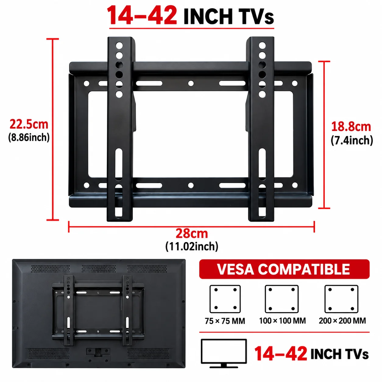 14–42 Inch Universal Monitor and TV Wall Mount, Slim Adjustable Bracket for LCD and LED Displays