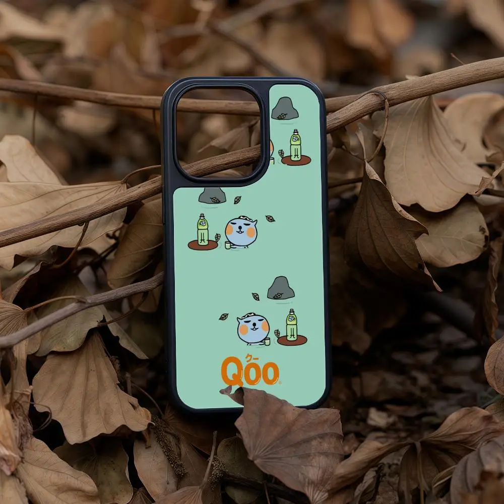 

Japanese Juice Qoo Phone Case For iPhone 16 15 14 13 12 11 Pro Max Plus Black Frame Acrylic Carbon Fiber Hard Shell