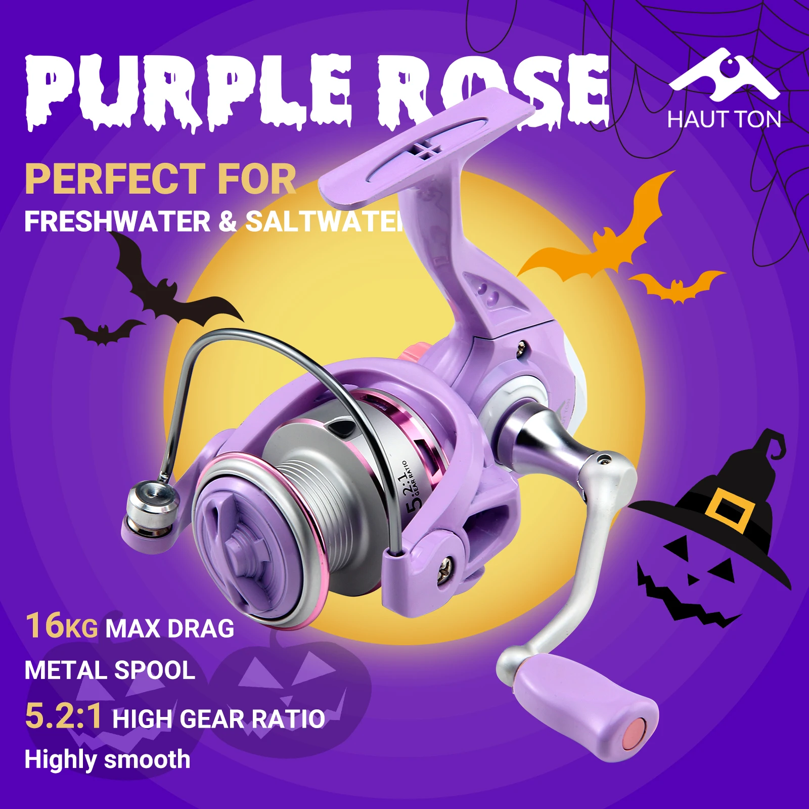 HAUT TON PR 1500-7000 Purple Spinning Fishing Reel, 5.2:1/4.7:1 Gear Ratio, 14kg Max Drag, Suitable For Freshwater And Saltwater