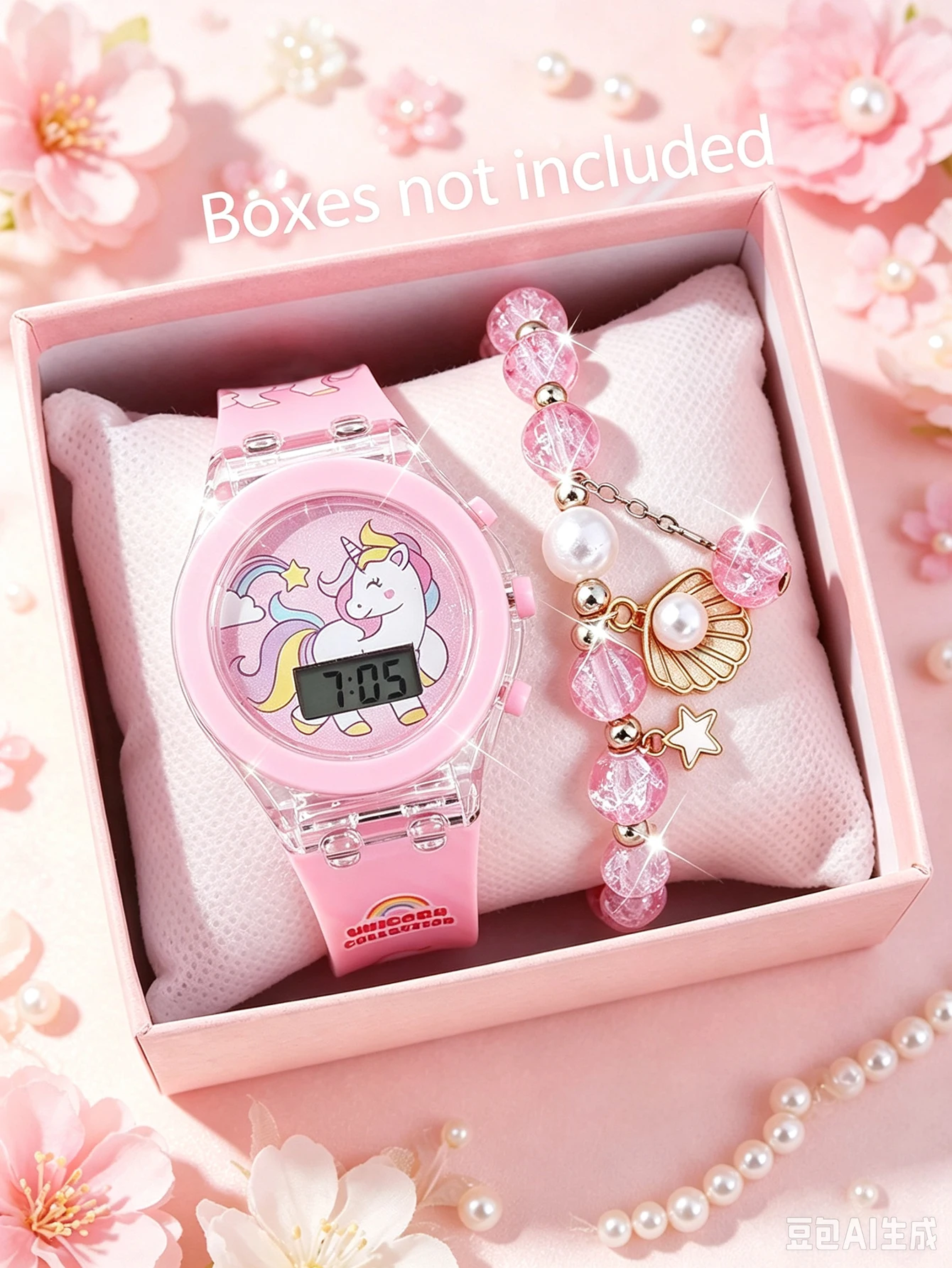 2PCS Pink Unicorn Silicone Children's Electronic Watch and Acrylic shell Beaded Bracelet Set as a Gift for Children