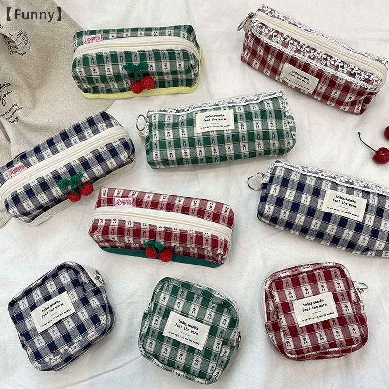 

Cherry Lattice Cosmetic Bag Pen Bag Menstrual Bag Makeup Bag Travel Clutch Bag Sundry Storage Bag