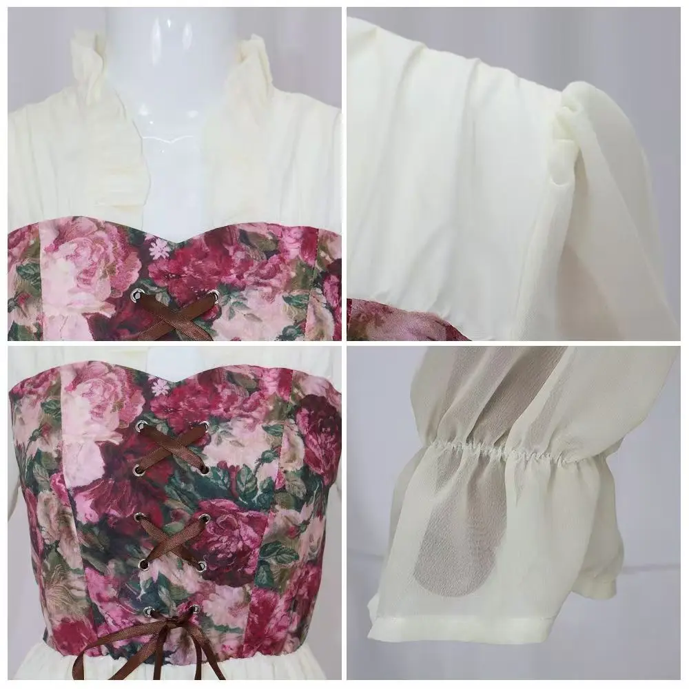 중세 레트로 르네상스 스타일 코스프레 궁정 드레스 빅토리아 & 해적 프린트 코르셋 요정 스커트