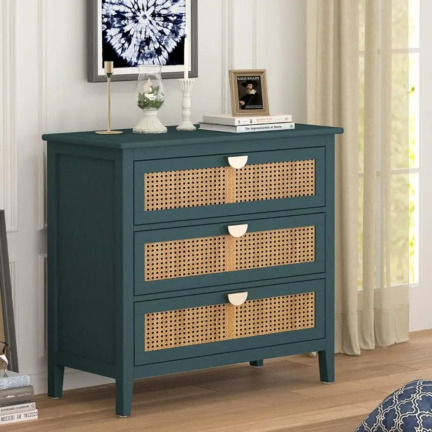 

3 Drawer Dresser,Rattan Drawer Chest Modern Wood Storage Chest of Drawers with Metal Handles Storage Dresser for Bedroom Hallway