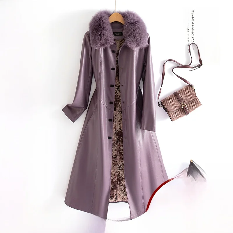 

Spring Autumn New Sle Thiened eepskin Leather Jaet Women's Mid-Length Slim Fit Coat with Fur Collar Commute Sle