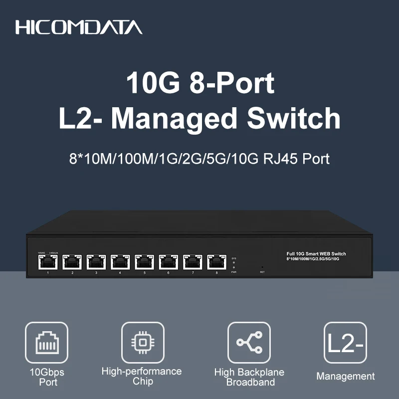 HICOMDATA L2- 8 Ports 10g Switch Ethernet 10gb Internet Desktop Network Managed Switch For Cameras