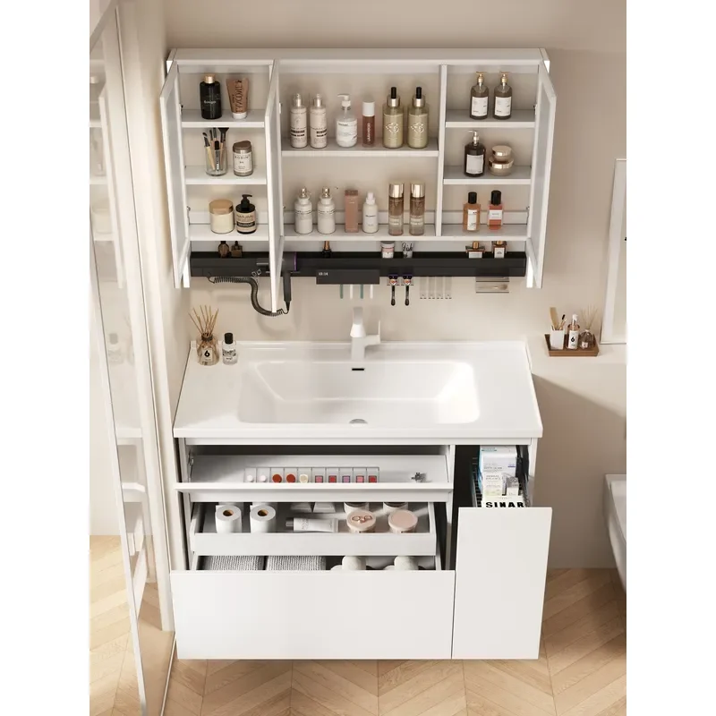 Modern Bathroom Vanity with Ceramic Integrated Sink Large Pull Out Storage Cabinet Simple Washbasin Unit for Toilet