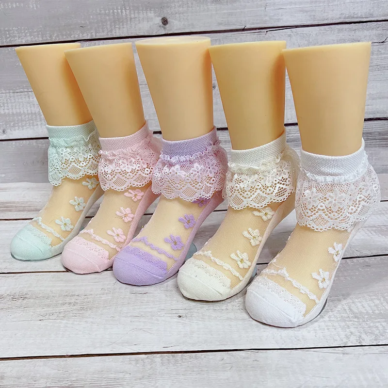 Girls' Ultra-thin Glass Fiber Socks with Cartoon Flower Patterns Children's Princess Lace Edged Cotton Ankle Short Hosiery