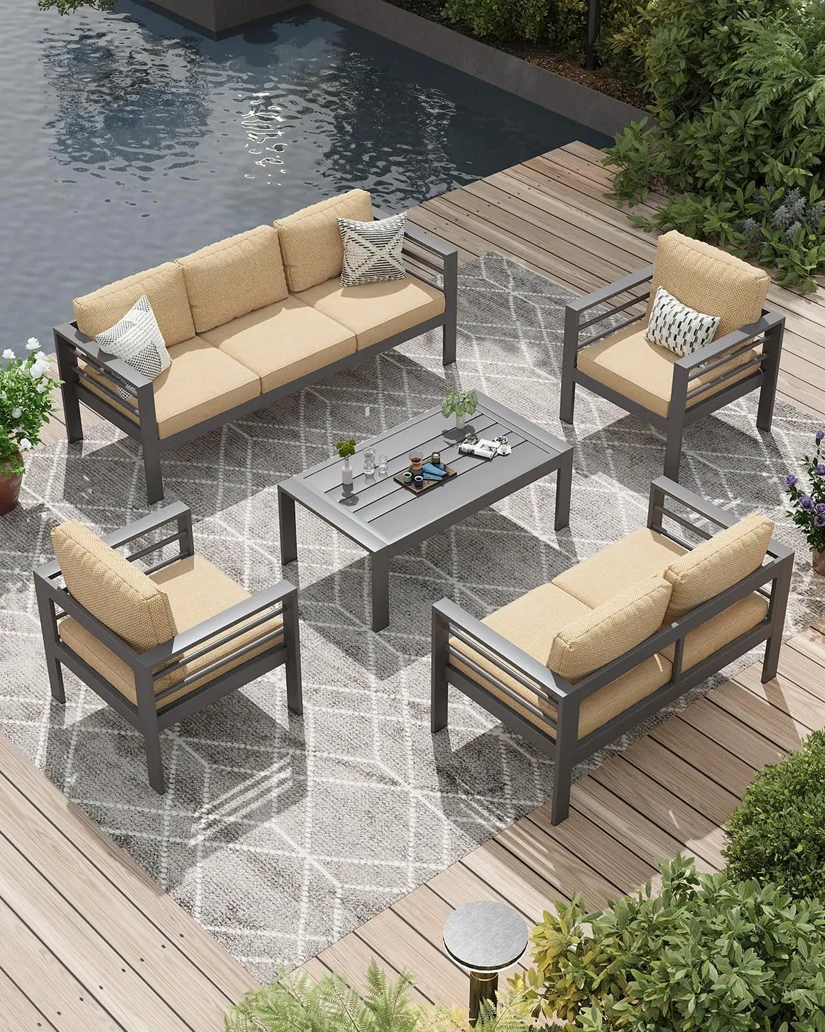 

Aluminum Patio Furniture Set, 7 Seats Modern Outdoor Furniture with Coffee Table, 5 Pieces Metal Conversation Sectional Sofa