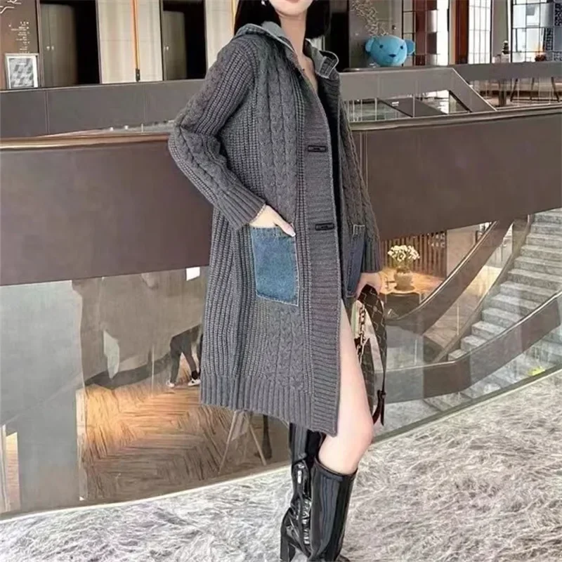 Long Cardigan Coats Women Mid Length Coat Sweaters Hooded Denim Splice Single Breasted Maxi Loose Open Stitch Autumn Winter