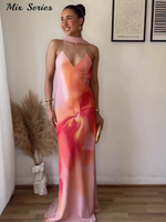 Elegant Ribbon Halter Long Dress Women's Slim Sleeveless Off Shoulder Floor-length Dresses 2025 Summer New Lady Party Robes