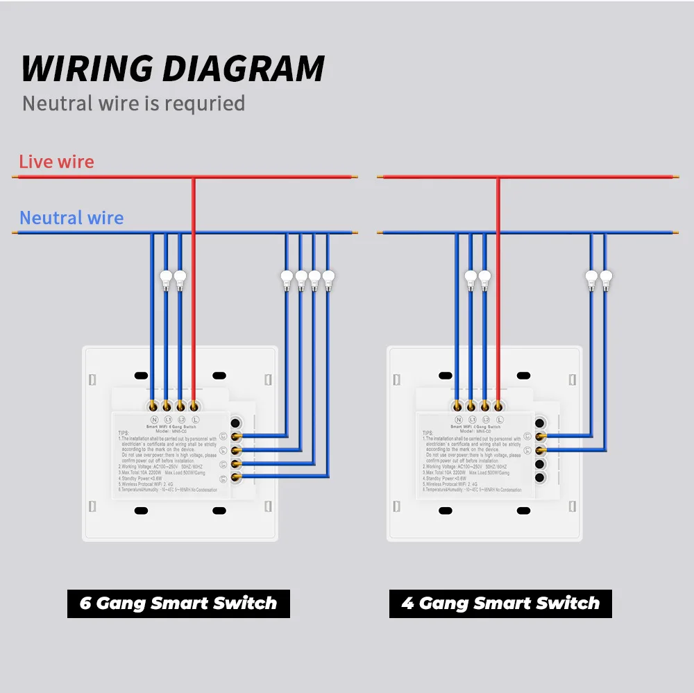 Brazil WiFi Smart Light Switch 4/6 Gang Touch Wall 110 240V Screen Switch Panel Need Neutral Wire For Alexa Google Home