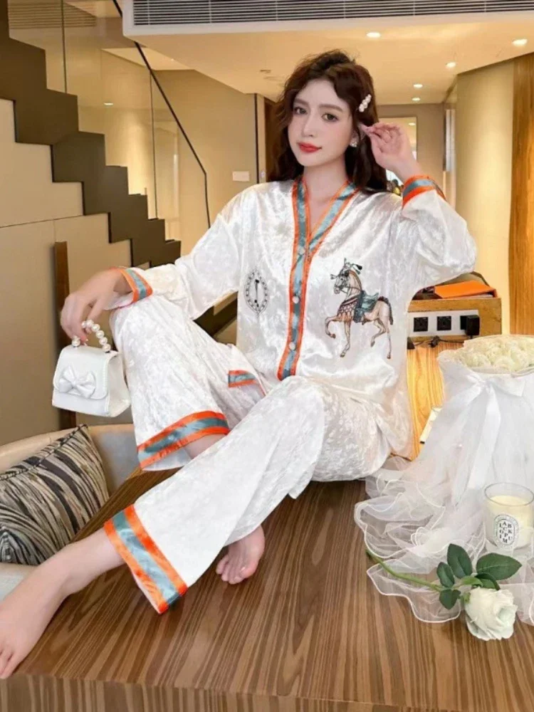 Spring Autumn New Korean Pajamas Women's Fashion Gold Velvet Long-Sleeved Pants 2-Piece Home Clothes V-Neck High-Grade Suit