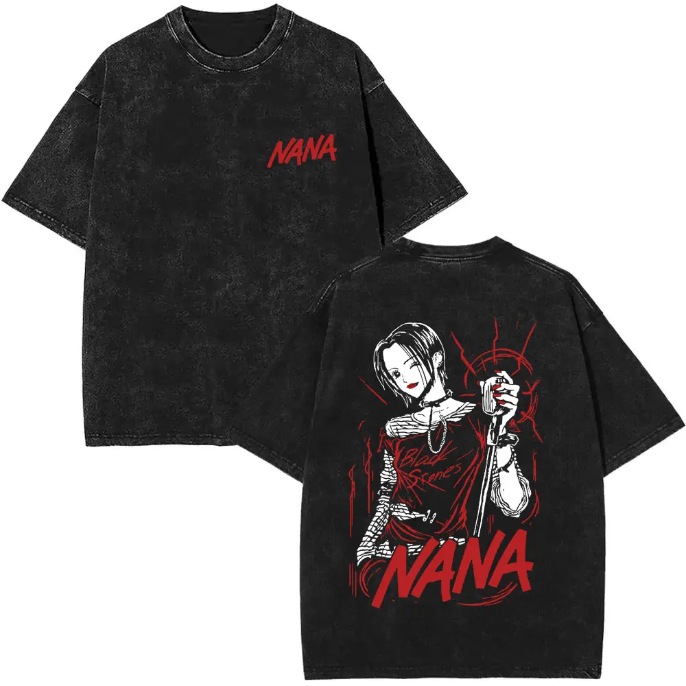 

Футболки в стиле аниме Oosaki Nana, винтажные, с эффектом потертости, с принтом Black Stones, готический рок-стиль, уличная мода, мужские и женские, манга-стиль, оверсайз