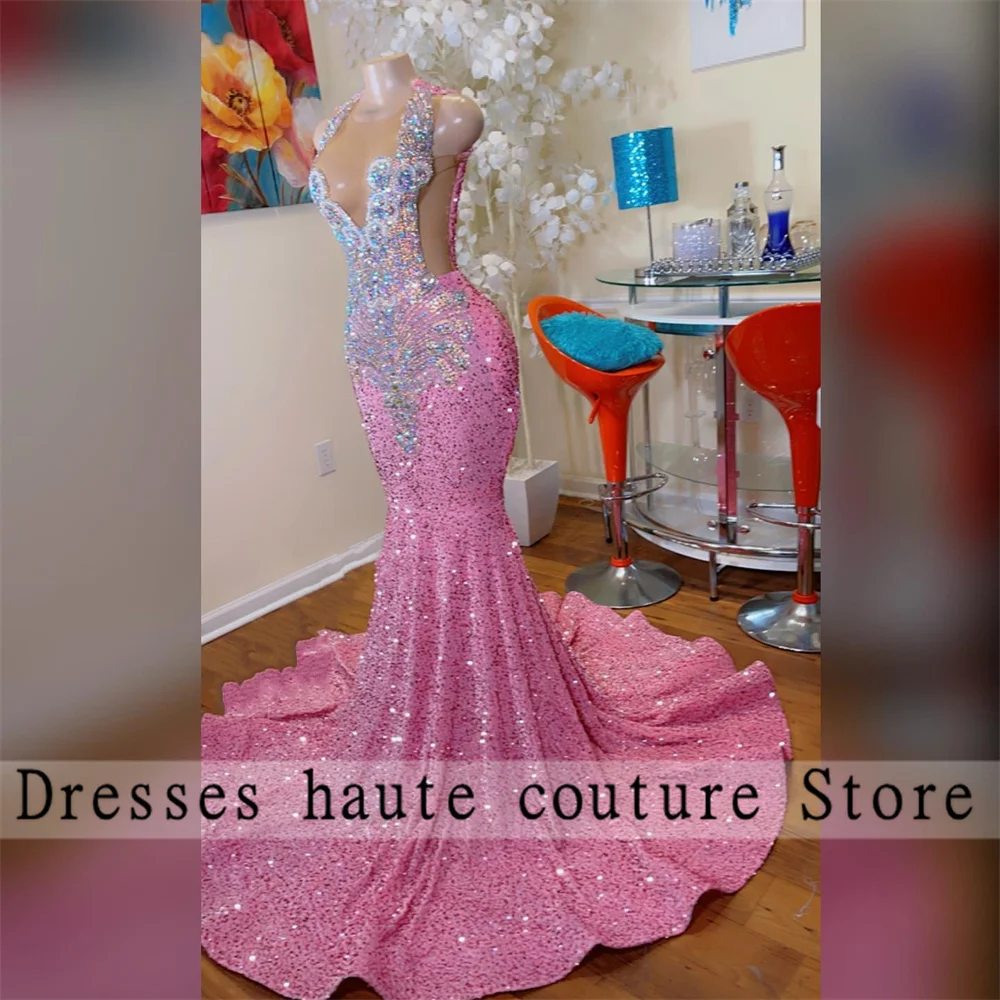 Luxury Pink Sequined Mermaid Prom Dresses Sexy 2025 For Black Girls Rhineston Crystal Birthday Party Gown Customized