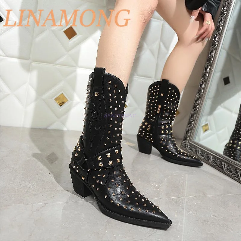 

Pointed Rivet Midsole Boots Black Fashionable Temperament Side Zipper Pattern Full Rivet Design Casual Coarse High-Heeled Boots