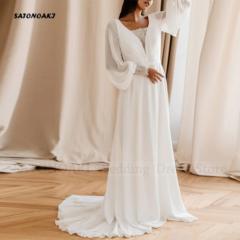 

Vestidos De Novia Elegant Simple Chiffon Wedding Dress 2024 for Women Puff Sleeve V-Neck Backless Bride Gown Robe Mariée Custom