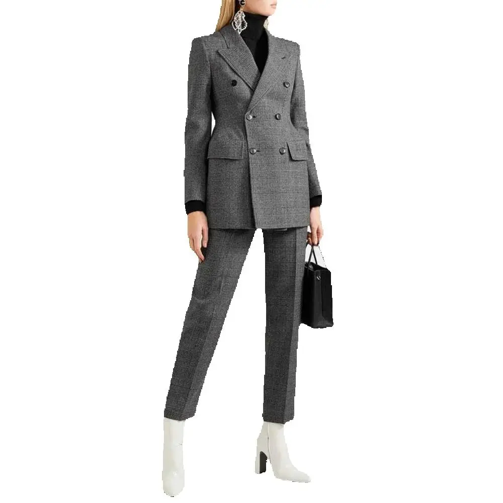 New Arrival Gray Suits for Women Fashion Double Breasted 2 Piece Jacket Pants Female Clothing Slim Fit Elegant Office Lady's Set